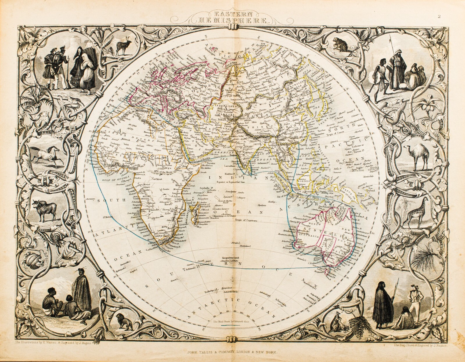 1851 EASTERN HEMISPHERE AFRICA ASIA EUROPE ORIGINAL TALLIS MAP 11×14 WM60