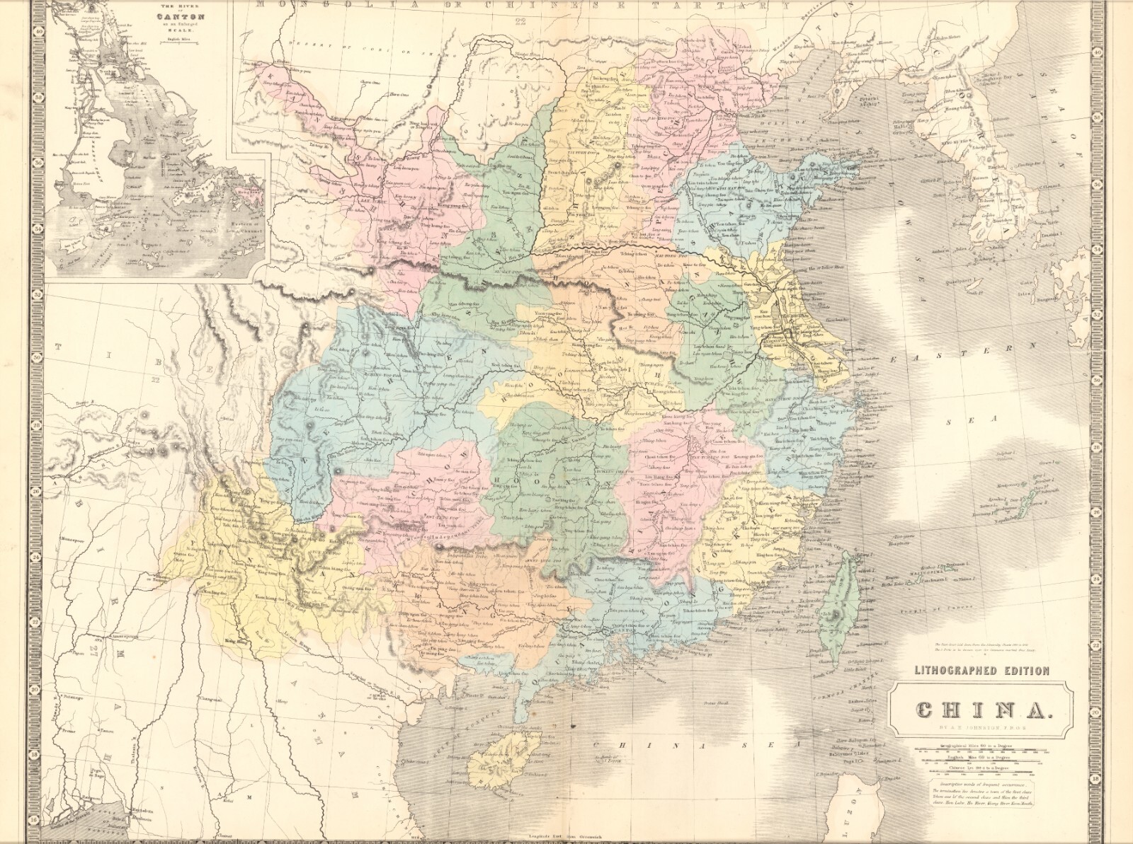 1845 China map by A.K. Johnston ~ 25.8″ x 21.2″ Antique Pastel color – Huge