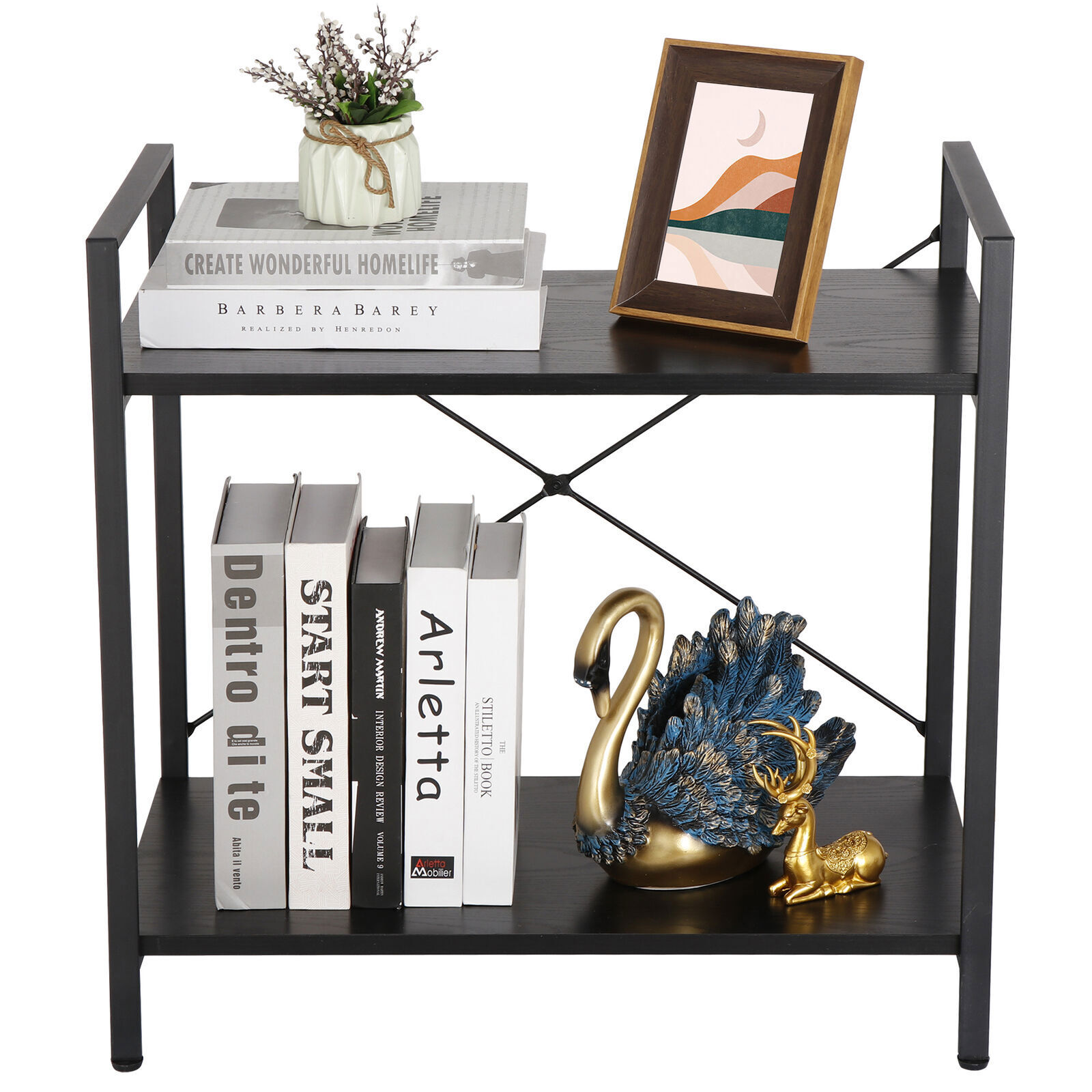 2 Shelf Bookcase 2 Tier Industrial Wood Bookcase Shelves for Living Room Bedroom