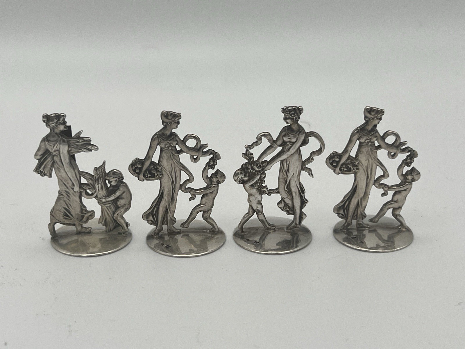 4 ERNEST ESCHWEGE FRENCH .800 SILVER PLACE CARD HOLDERS Allegory Figures RARE