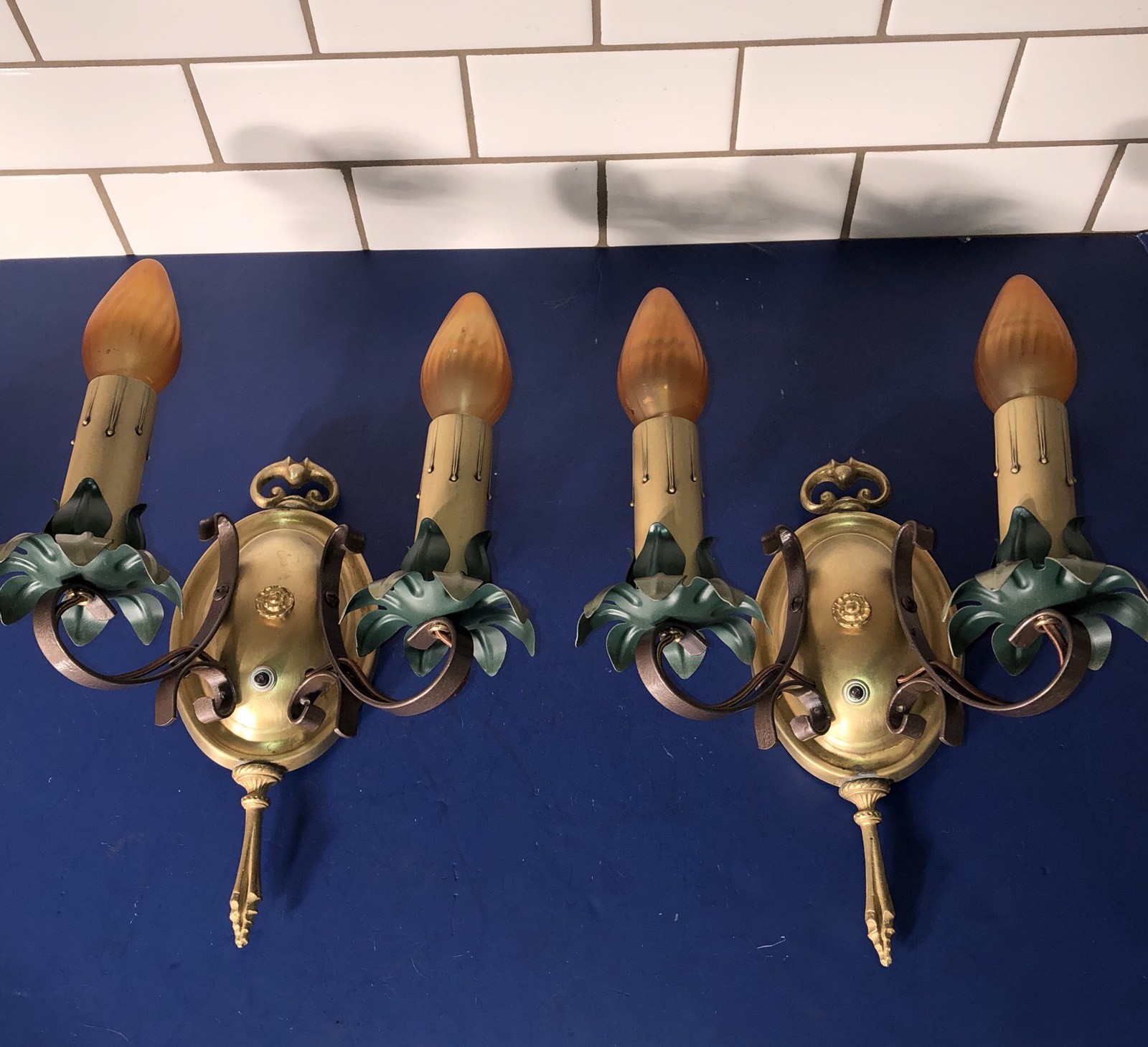 Wired Pair Antique Two Arm Wall Sconce Fixtures Moe Bridges 65F