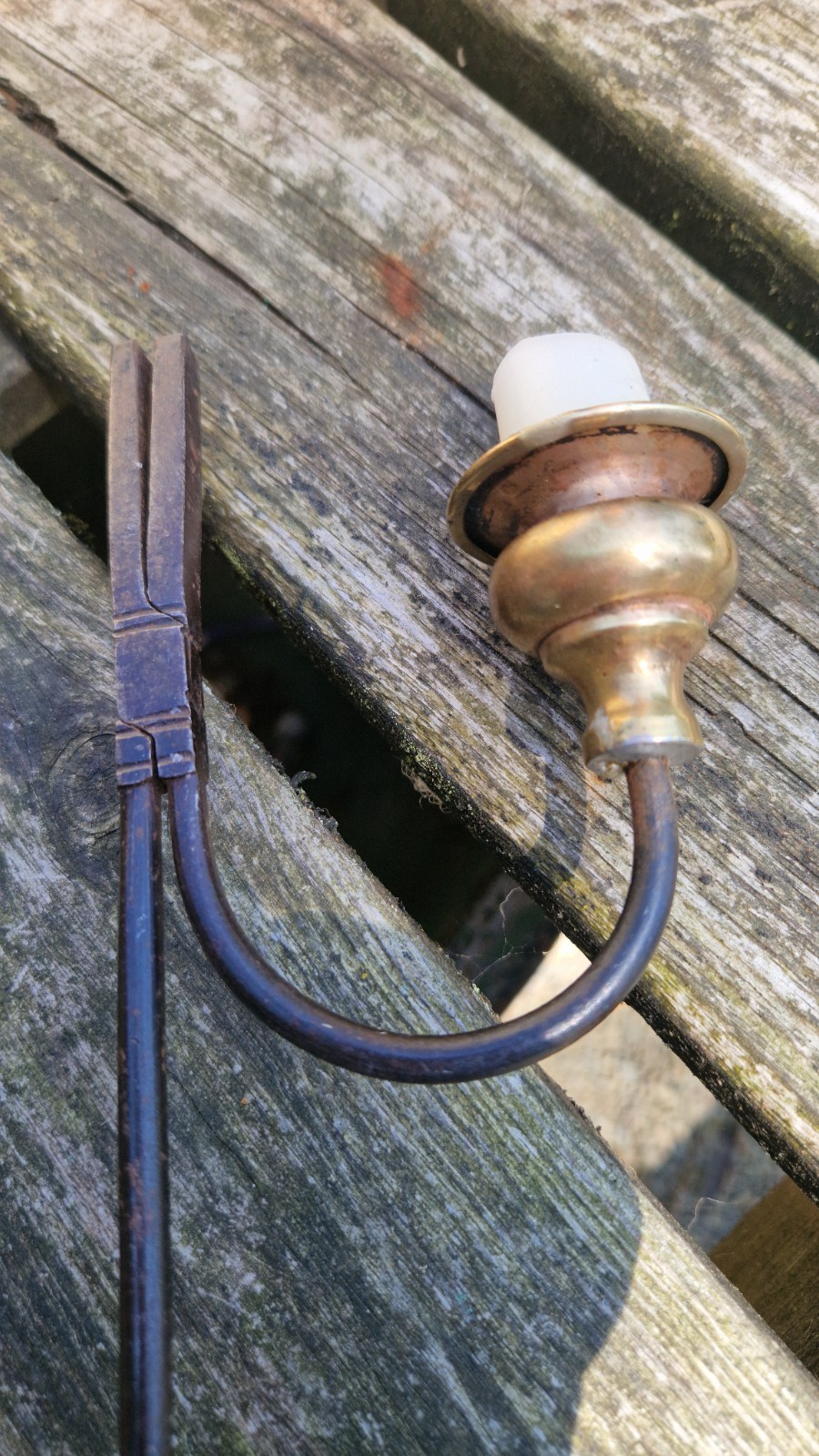 Antique wrought iron rushlight holder nip brass candlestick oak base