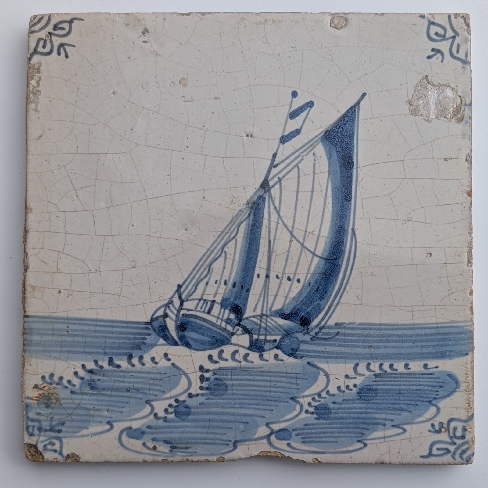 Antique 18th Century Dutch Delft Blue & White Tile Sail Boat Ship Ocean