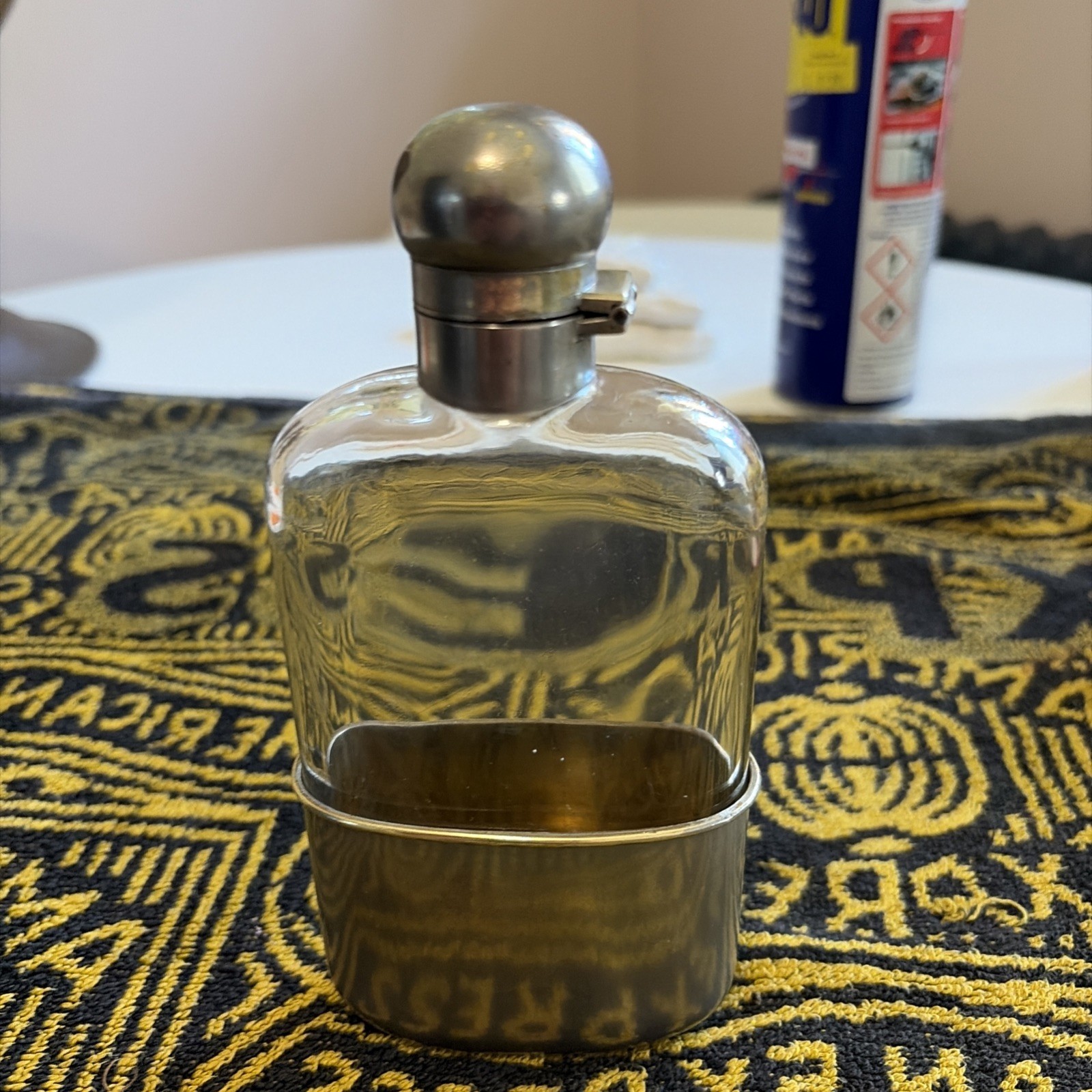 Antique hip flask glass and white metal beautiful patina lockable cap
