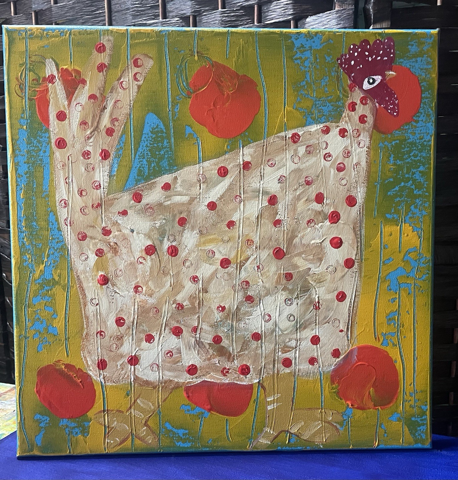 Chicken Hen Original Brut Folk Art 14 X 14 X3/4” Wrapped Canvas Annette Harford