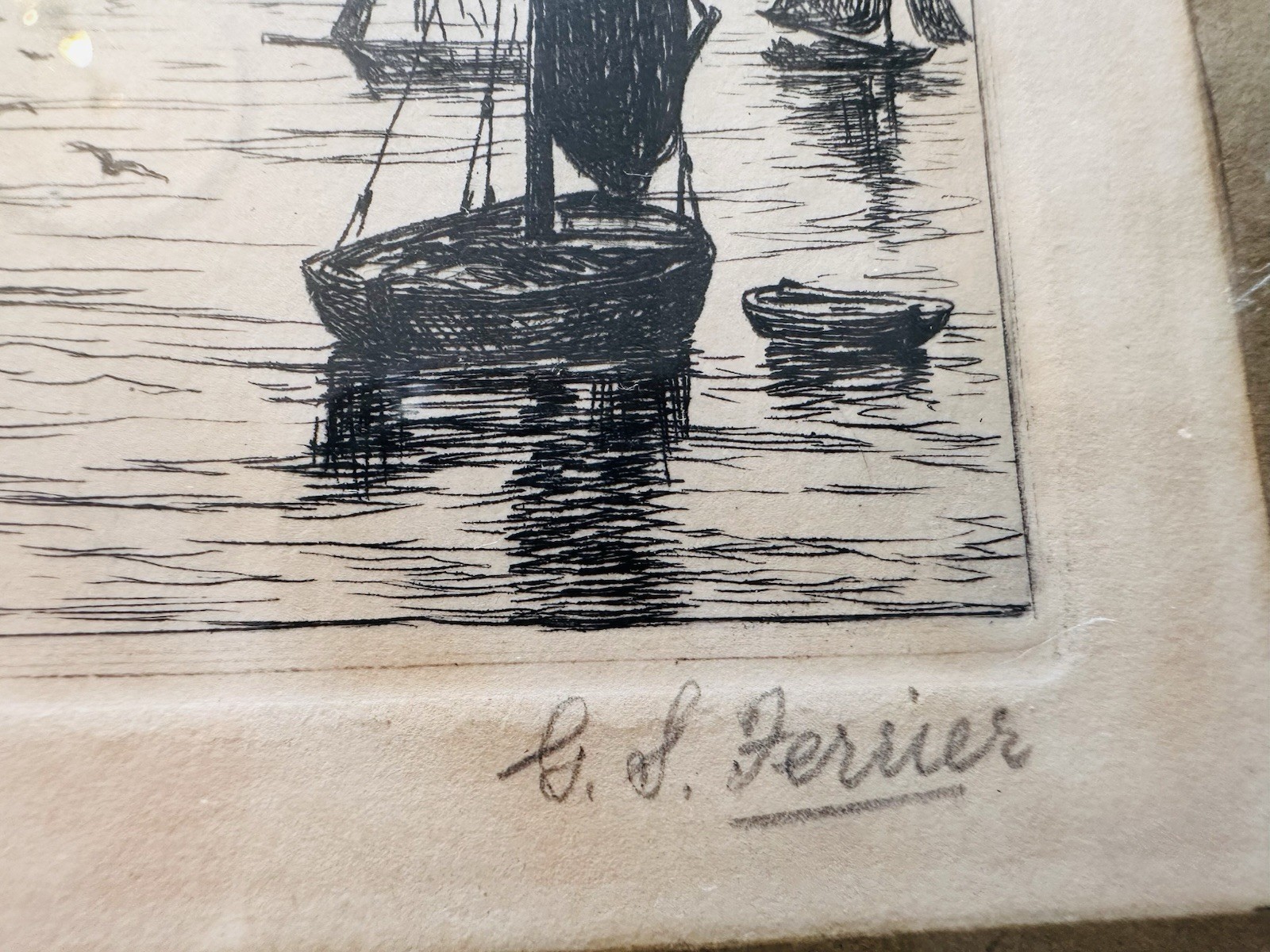 Antique George Stratton Ferrier Signed Etching “Fishing Boats” c.1879 Maritime