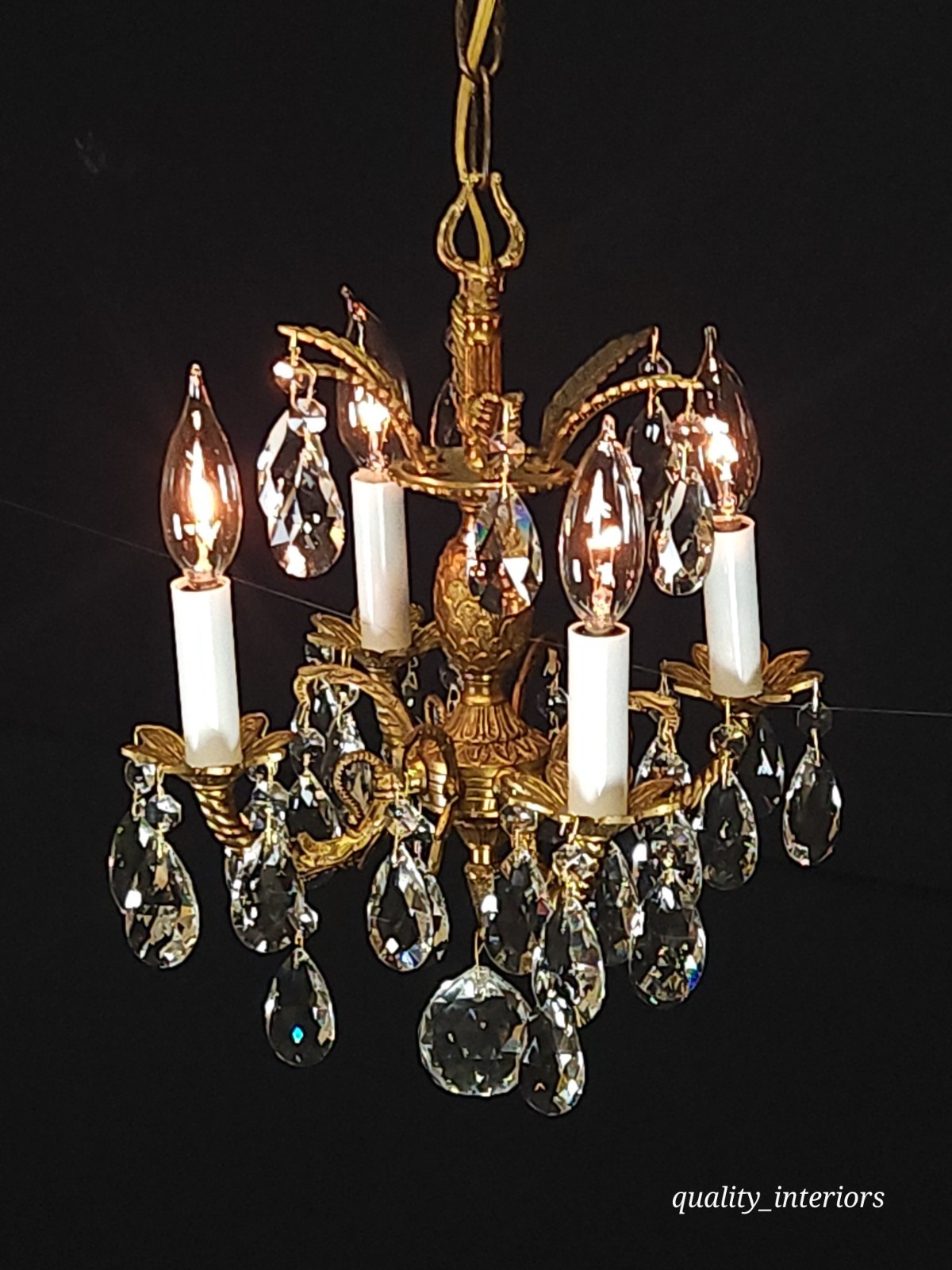 Antique 4 Arm 4 Light Baby Pineapple Brass Cut Lead Glass Crystal Chandelier