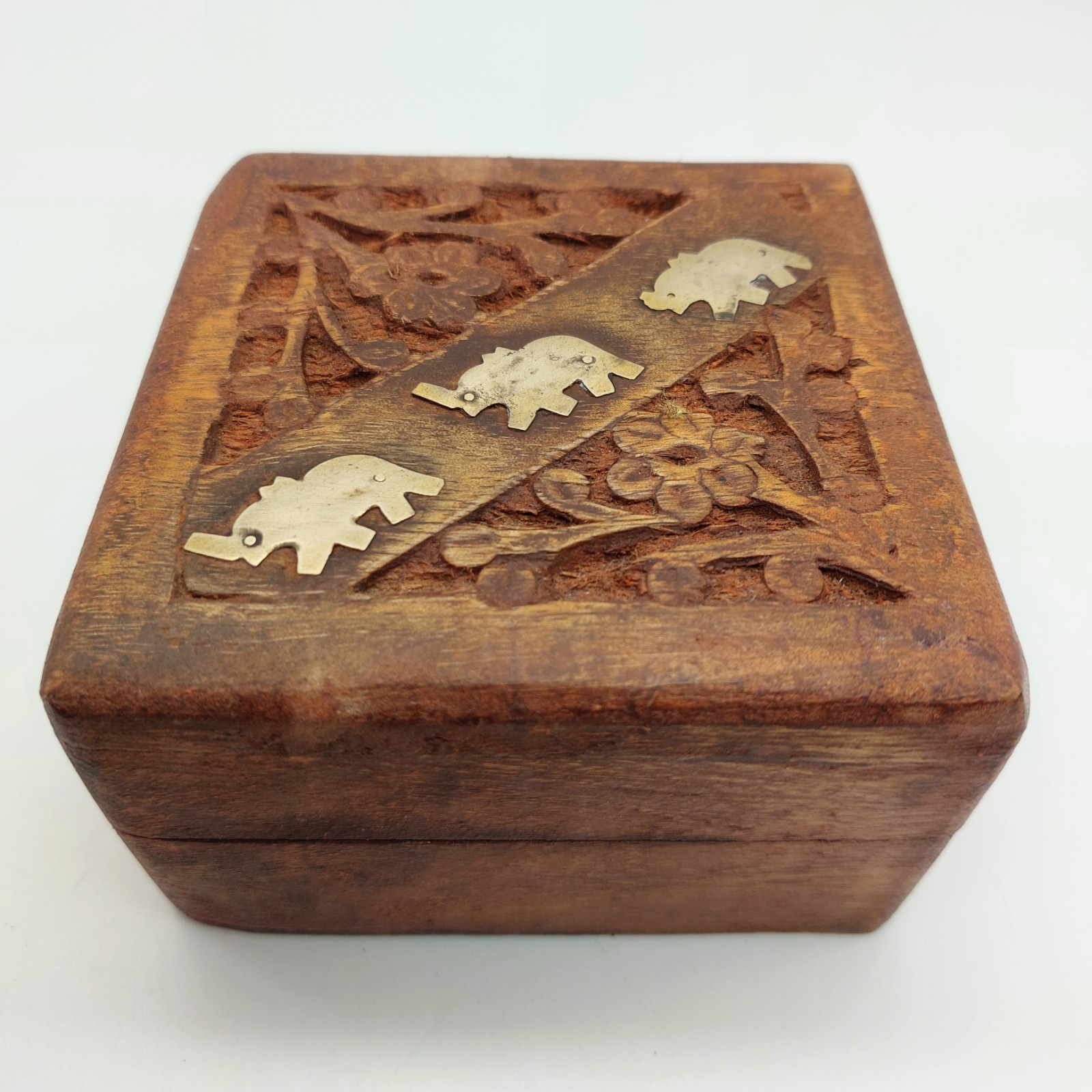 Vintage Solid Wood Box Carved Elephant Trinket 10cm Hand Carved 1970s-1980s
