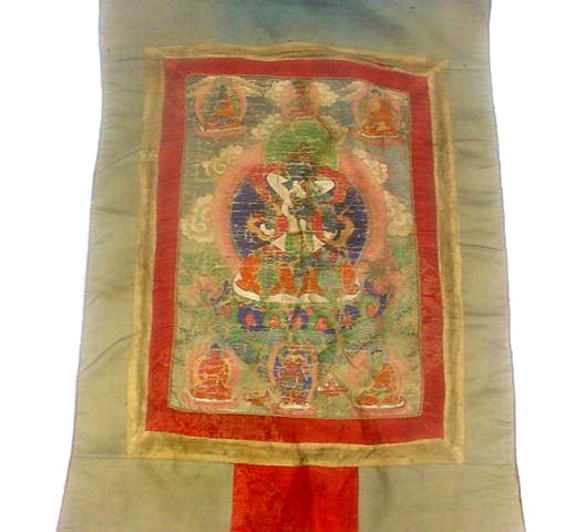 18th/19thC Tibetan Thangka Vajrasattva Yab-Yum Altar worn Mineral Pigment Scroll