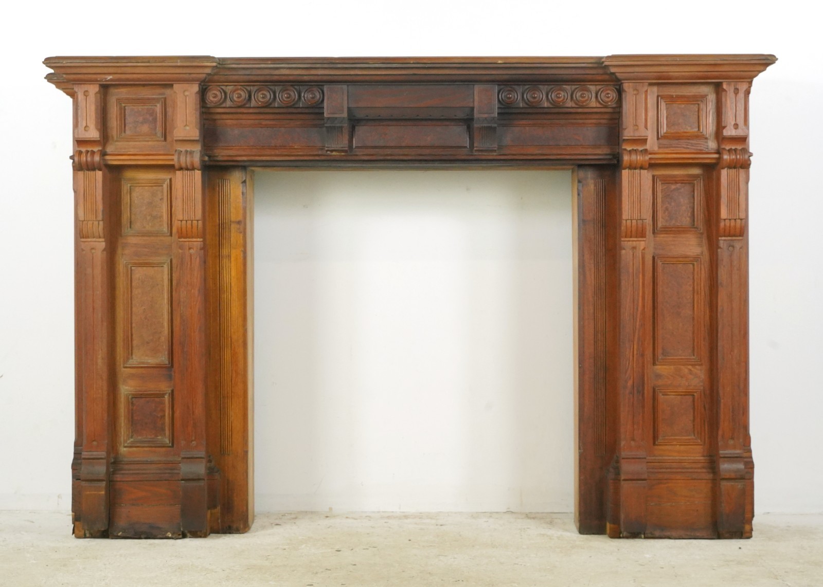 Antique Victorian Burl Veneer Paneled Oak Fireplace Mantel