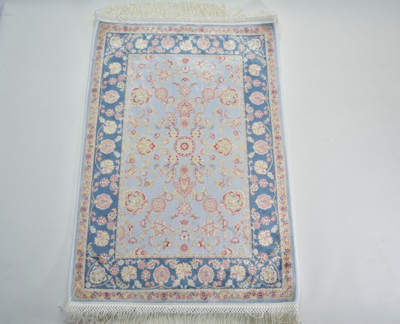 Oriental Blue Bamboo Silk Rug, 1.6×2.3ft, Small Blue Silk Rug With Antique Look,