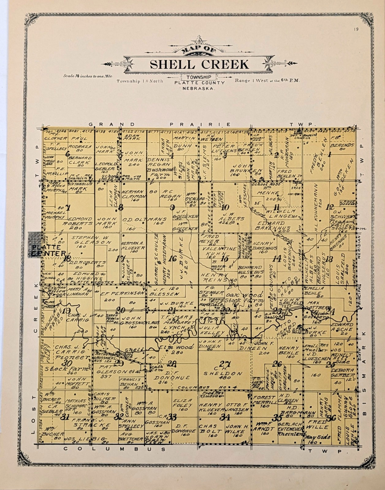 1918 Plat Map PLATTE CENTER ~ SHELL CREEK ~ NEBRASKA – PLATTE CNTY (15×11.5)