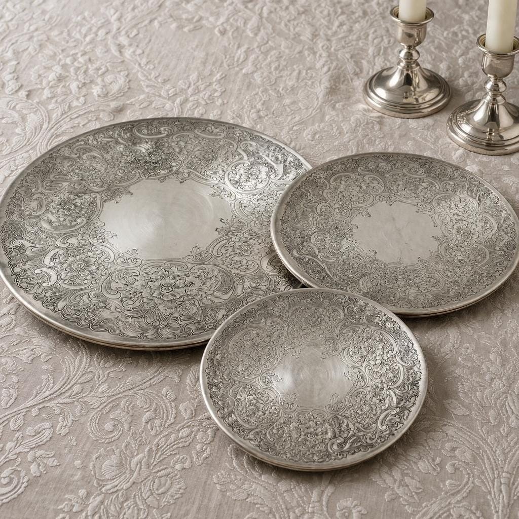 Vintage Charger Plates Set of 3 Ornate Floral Made in England EPNS Silver Plate