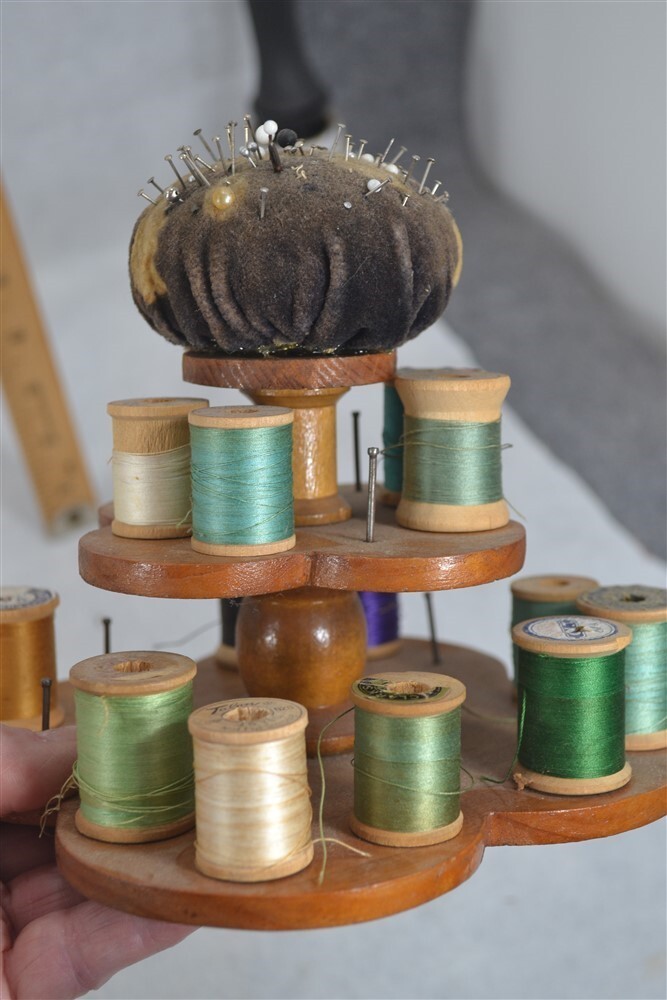 sewing stand thread holder pin cushion spool hand made 6×6 antique original 1900