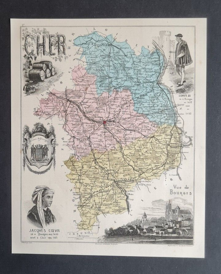 Antique (1882) map – Cher – Bourges – France – Vuillemin