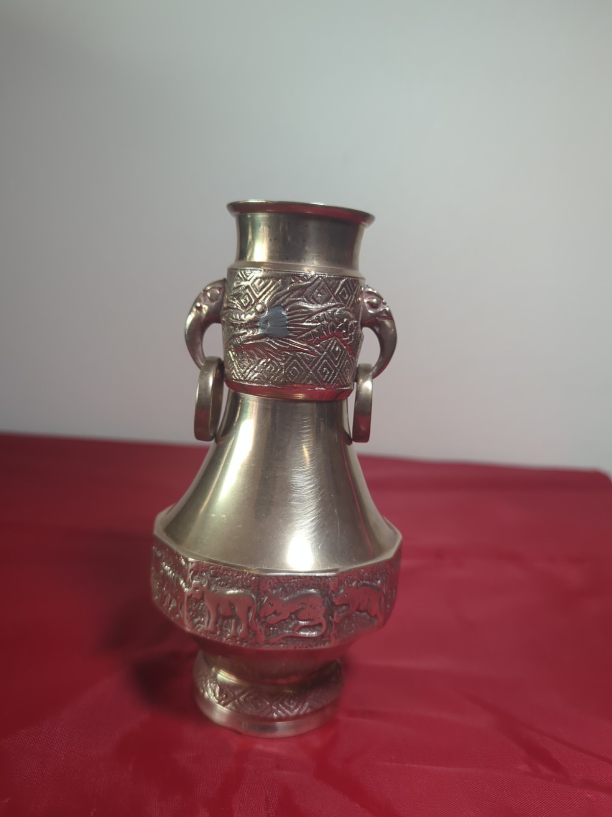 Vintage Asian Brass Vase with Raised Dragon & Zodiac 6.25 Inches