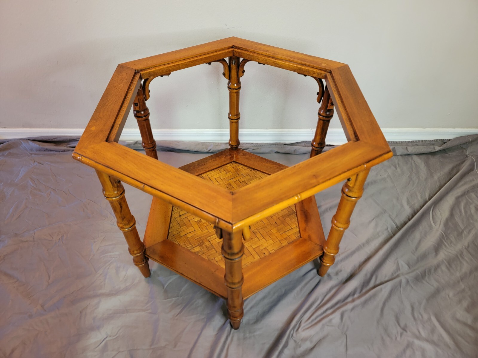 Vintage Mid-Century Hexagonal Coffee/Side Table, Glass-Top, Faux Bamboo/Rattan