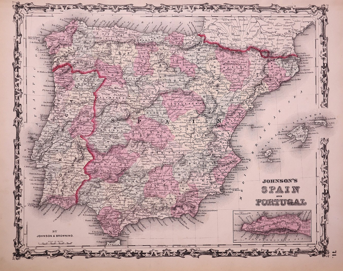 Rare Antique 1861 Map ~ Spain & Portugal by Johnson & Browning 14×18