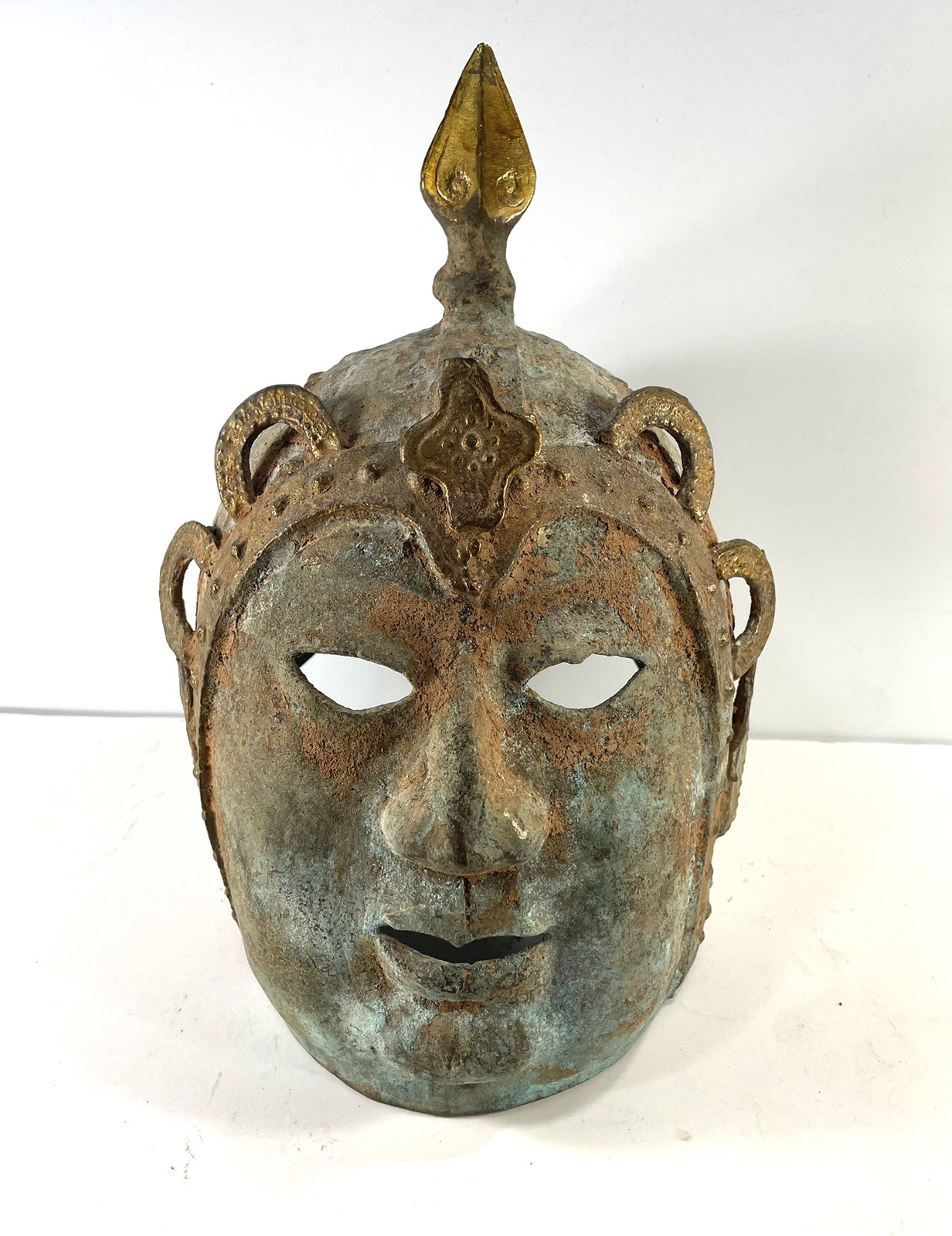Antique Chinese Bronze Helmet Mask Gold Gilt Military Armor Mask Dynasty