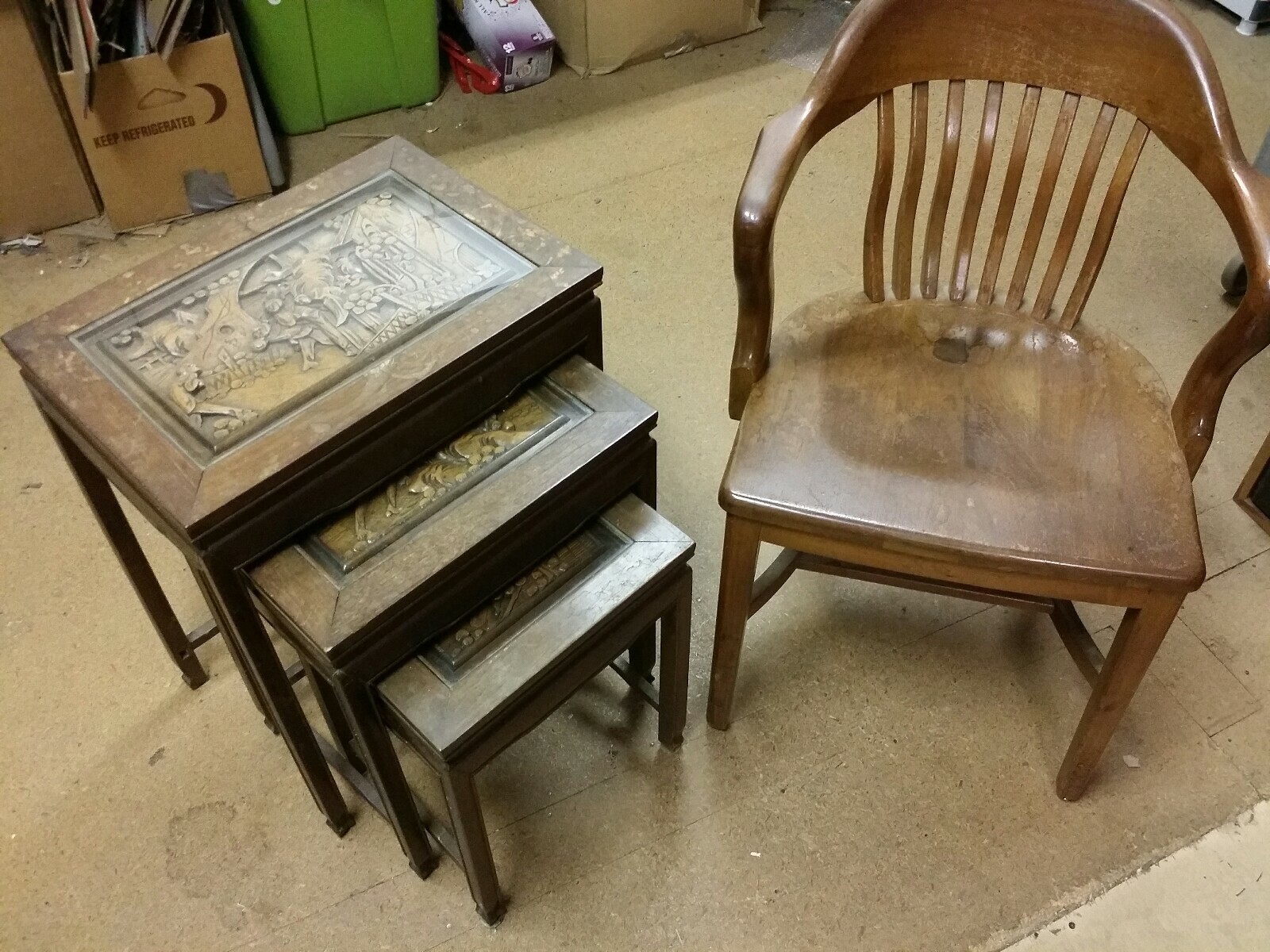 Set of 3 Carved Wood Chinese Oriental Nesting Occasional Tables, Village Scenes