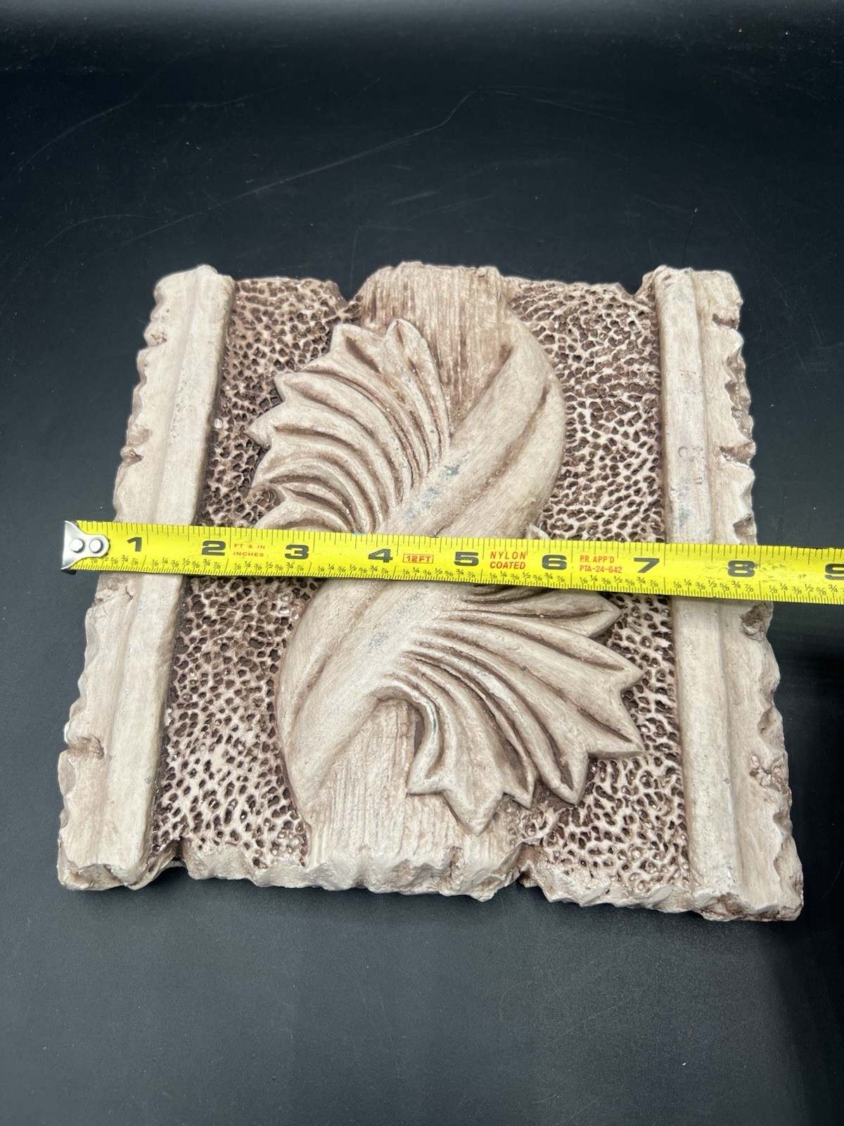 Heavy Chalkware Acanthus Leaf Scroll Plaque 8″Architectural Block Decor 3+ Lbs