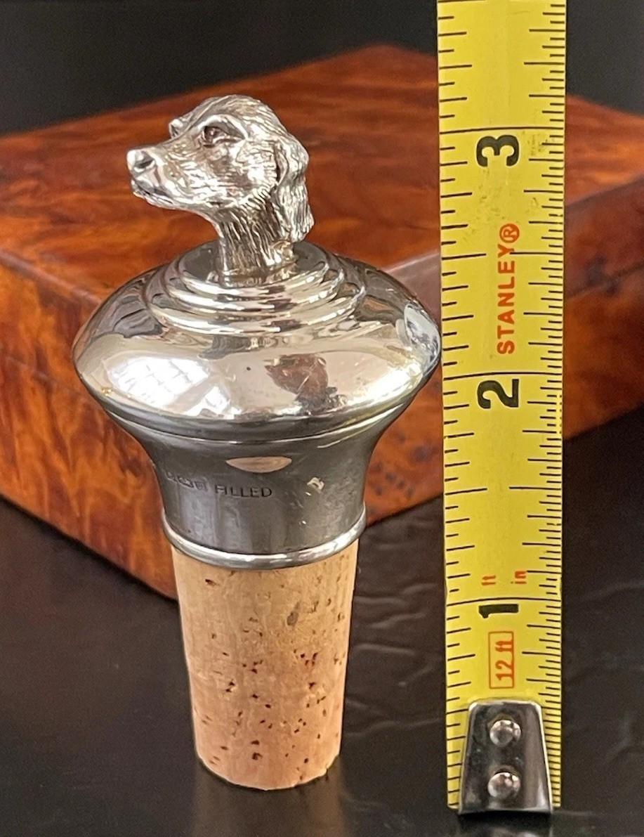 English Sterling Silver Figural Spaniel Hunt Dog Wine Bottle Stopper 3” c1996