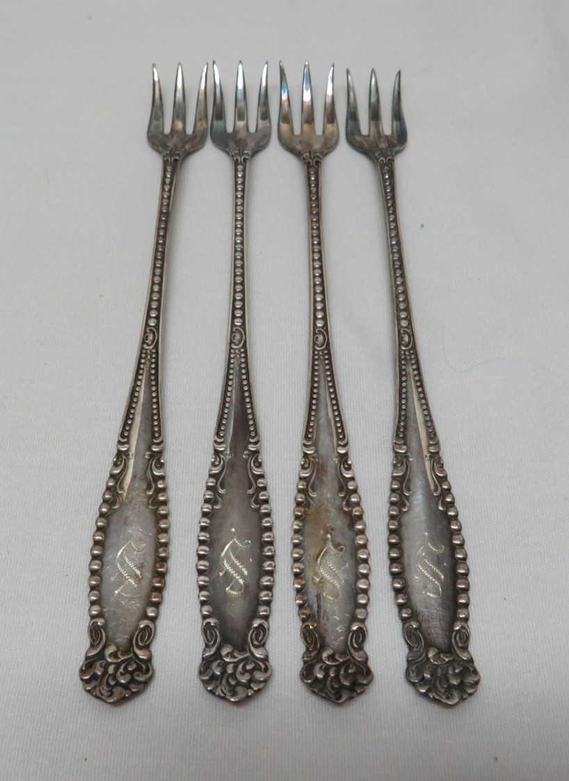 H &T Mfg Co St Paul Victorian Beaded Silverplate Cocktail Forks S Monogram