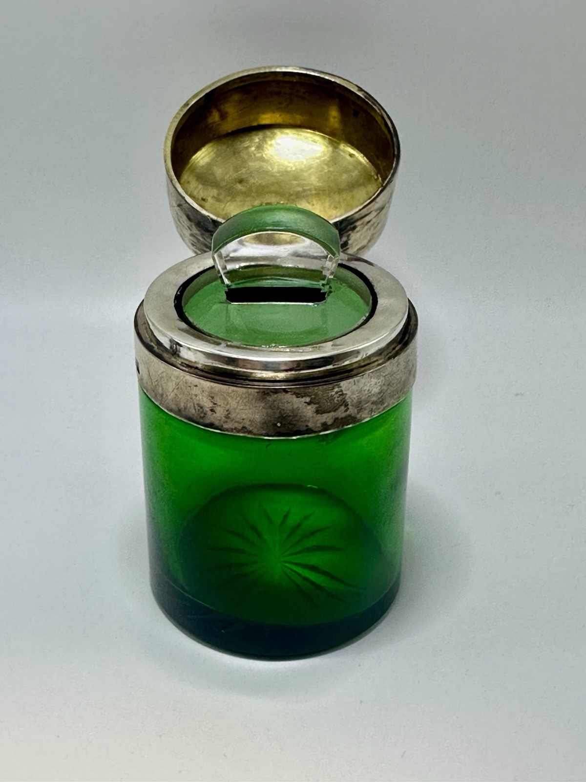 Sterling Silver & Green Glass ink well 1900 Birmingham JT&S