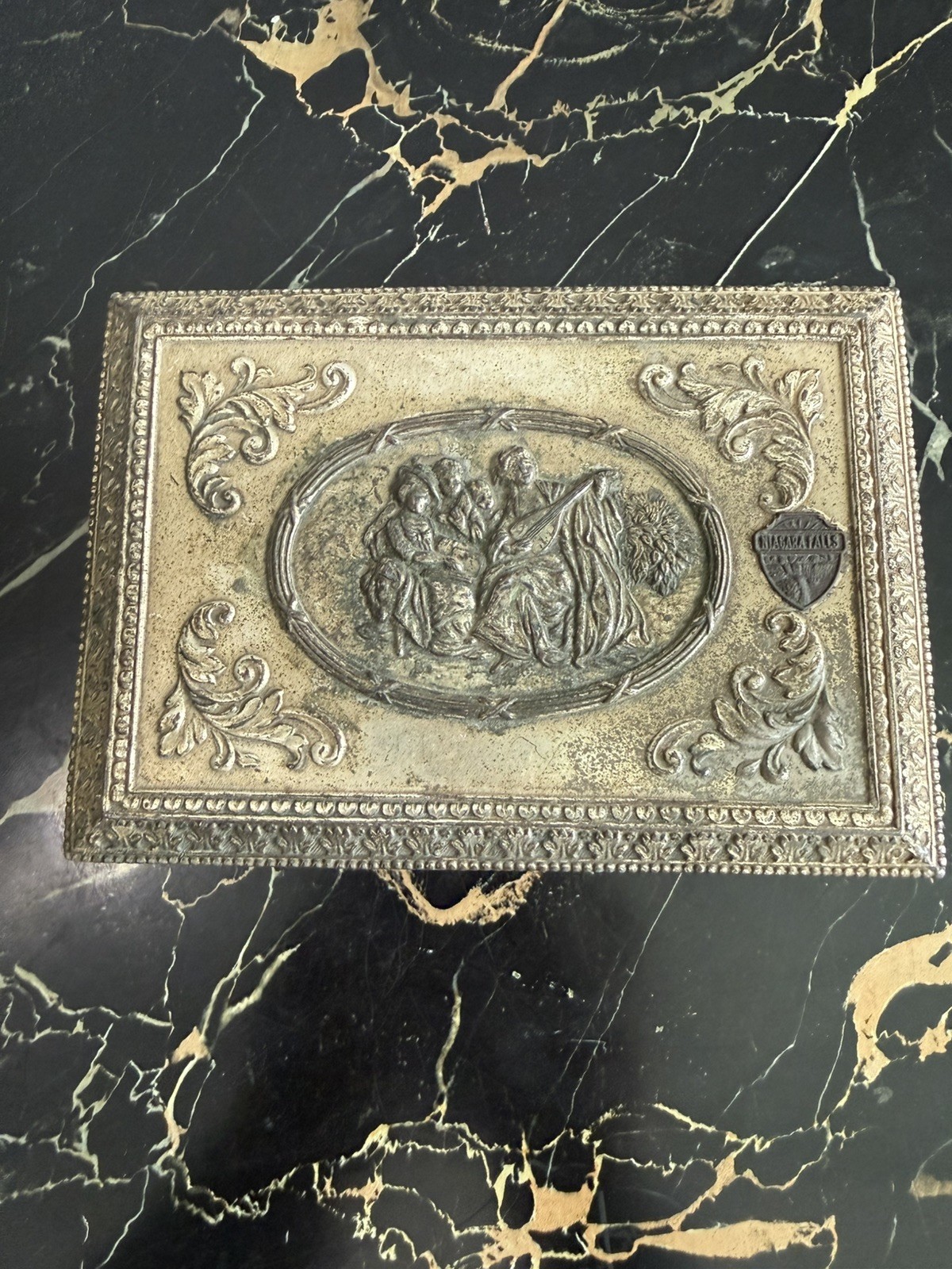 Antique Victorian Silverplate Repousse Figural Box 20th Century Niagara Falls