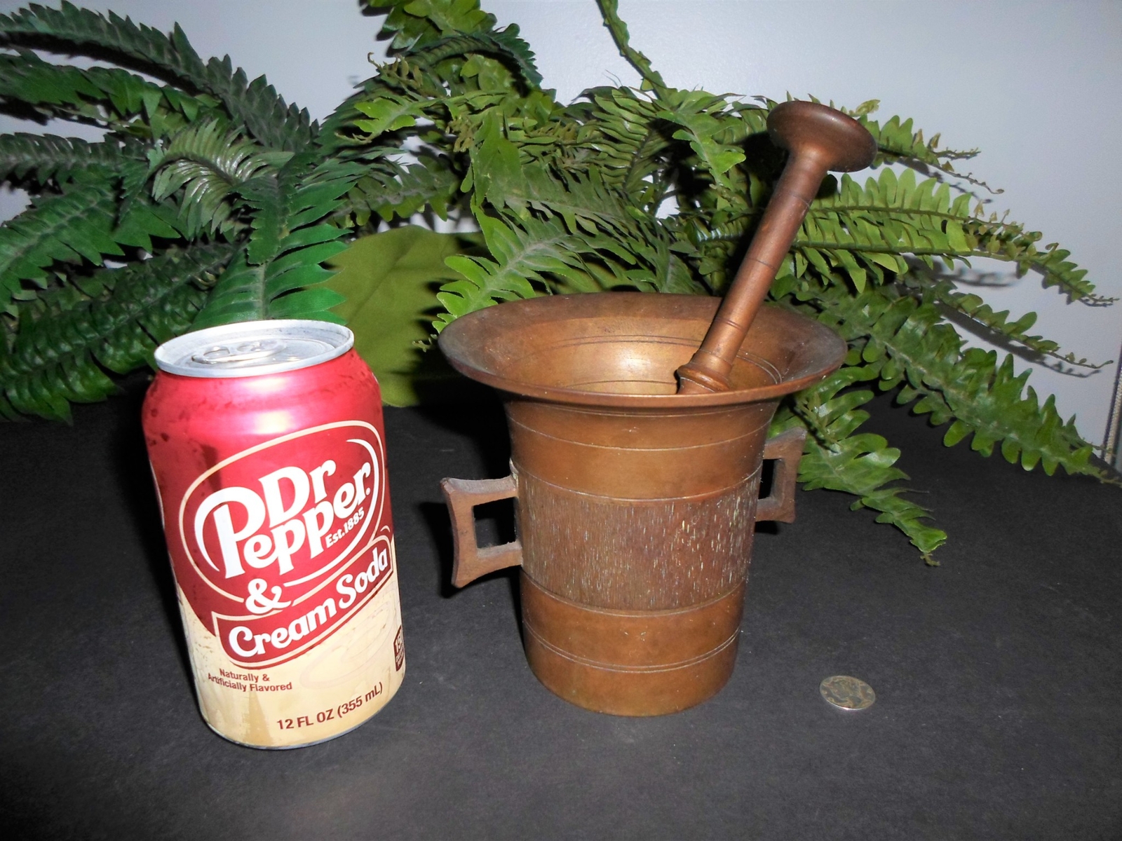 Larger vintage solid brass – # 6 MORTAR + PESTLE – 5-5/8 inches tall, 3+ pounds
