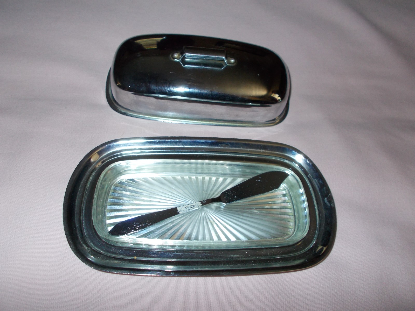 Vintage Silver Plated Metal Butter Dish With Lid Knife and Plastic Insert
