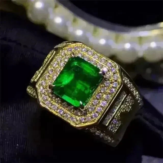 3Ct Emerald Cut Lab Created Emerald Men’s Wedding Ring In 14K Yellow Gold Plated