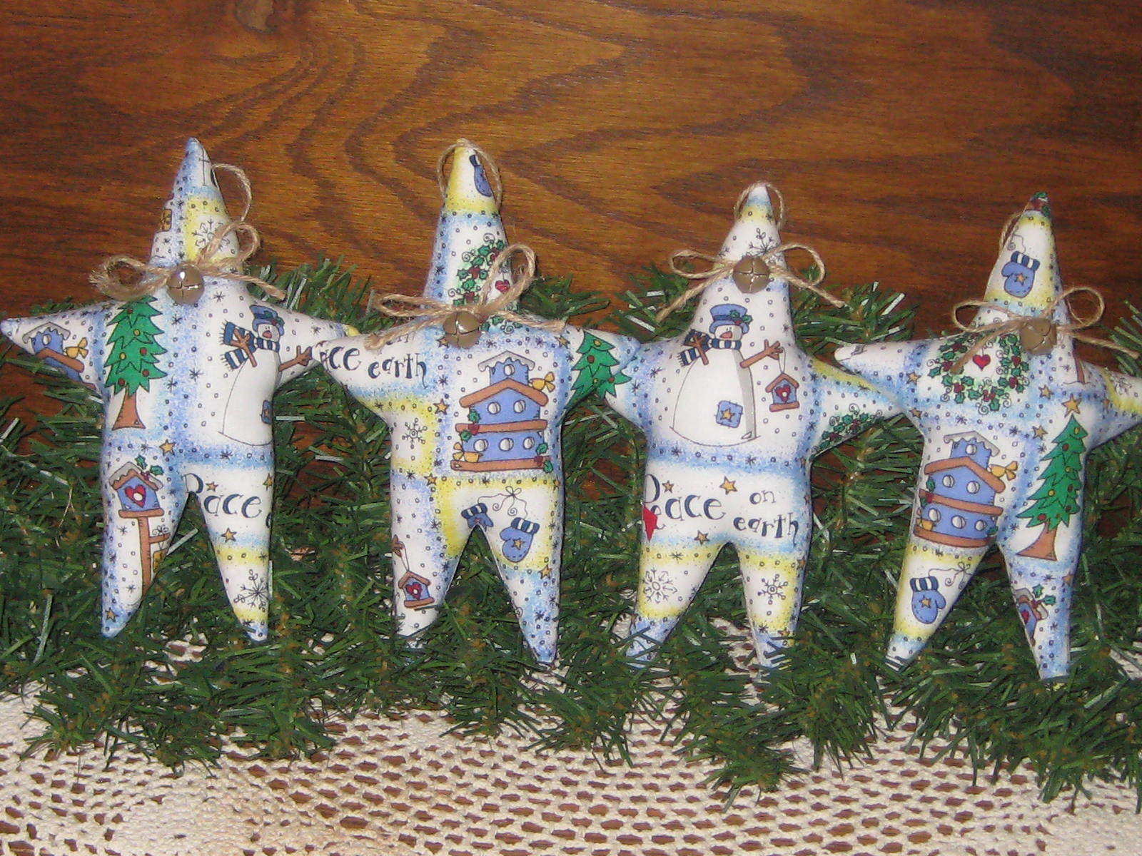 4 Handmade Blue Christmas Fabric Snowmen stars ornaments Country Home Decor