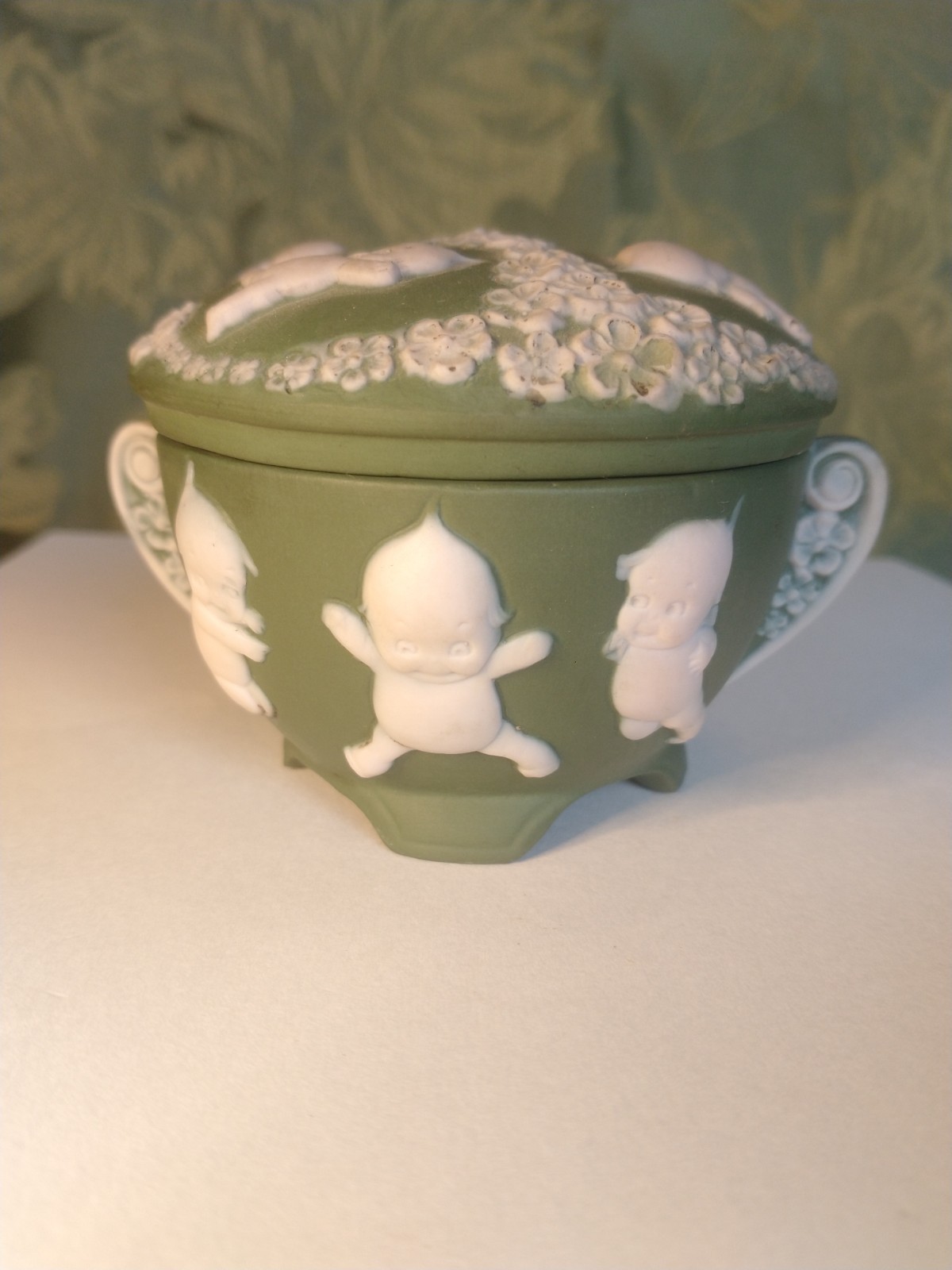 Kewpie Jasperware Lidded Sugar Jar, Sage Green, 1912 Very Rare