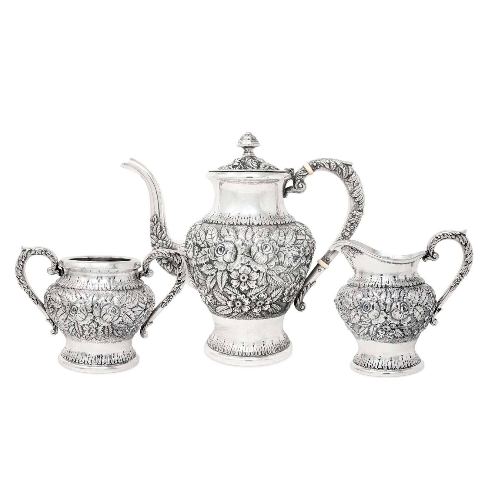 Antique S. Kirk & Son Sterling Repousse 3pc Tea Service 474F, Hand Decorated