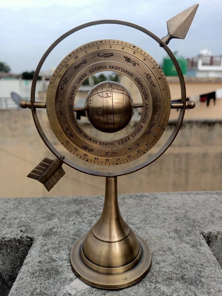 11″ Antique Brass Armillary Sphere With Arrow Nautical Maritime Engraved Globe