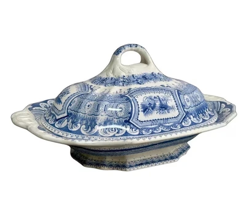 19C Wood & Challinor ” Corsica ” Blue & White Transferware Covered Serving Dish