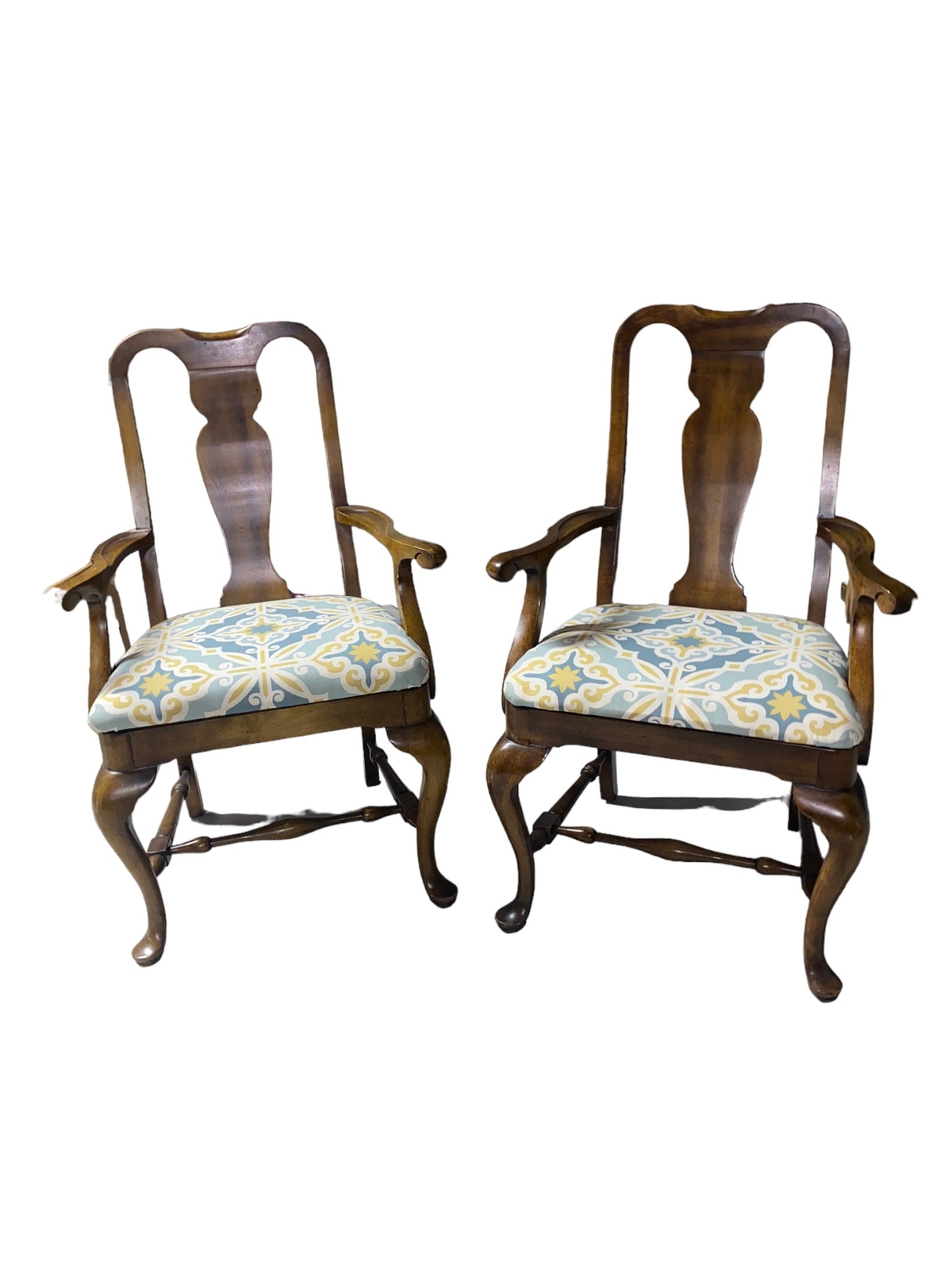 Vintage Queen Anne Upholstered Cushion Dinning Arm Chairs (Set of 2)