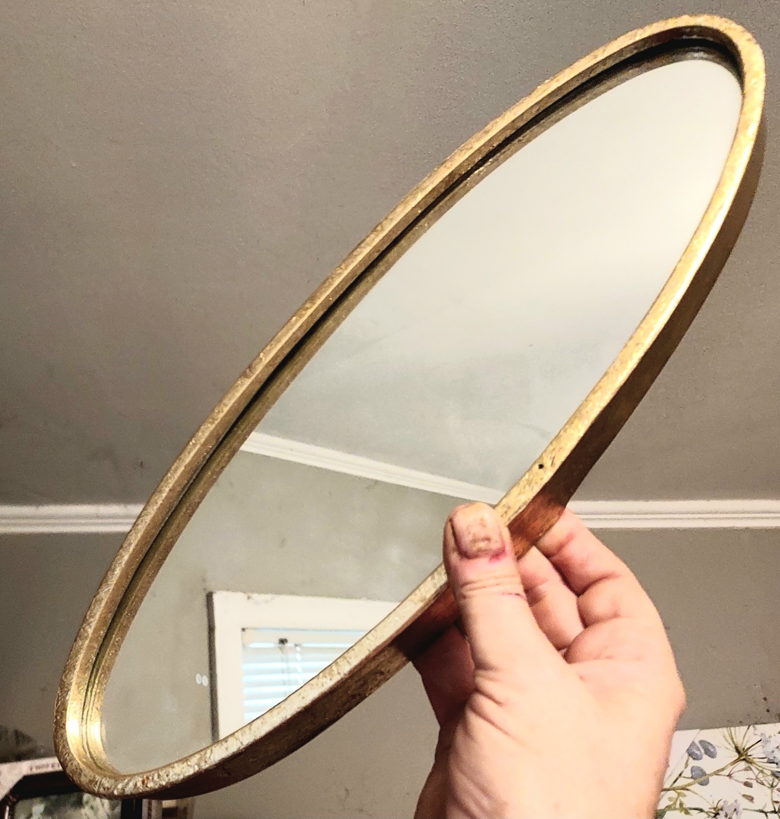 Vtg Gold Oval Wall Accent Mirror Textured Metal Frame MCM Farmhouse Cottagecore