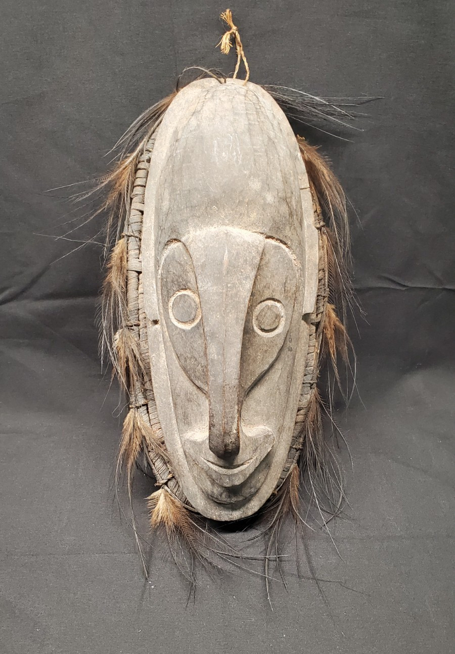 Vintage Papua New Guinea Sepik River Mask Wood Woven Rattan Feathers Tribal Art