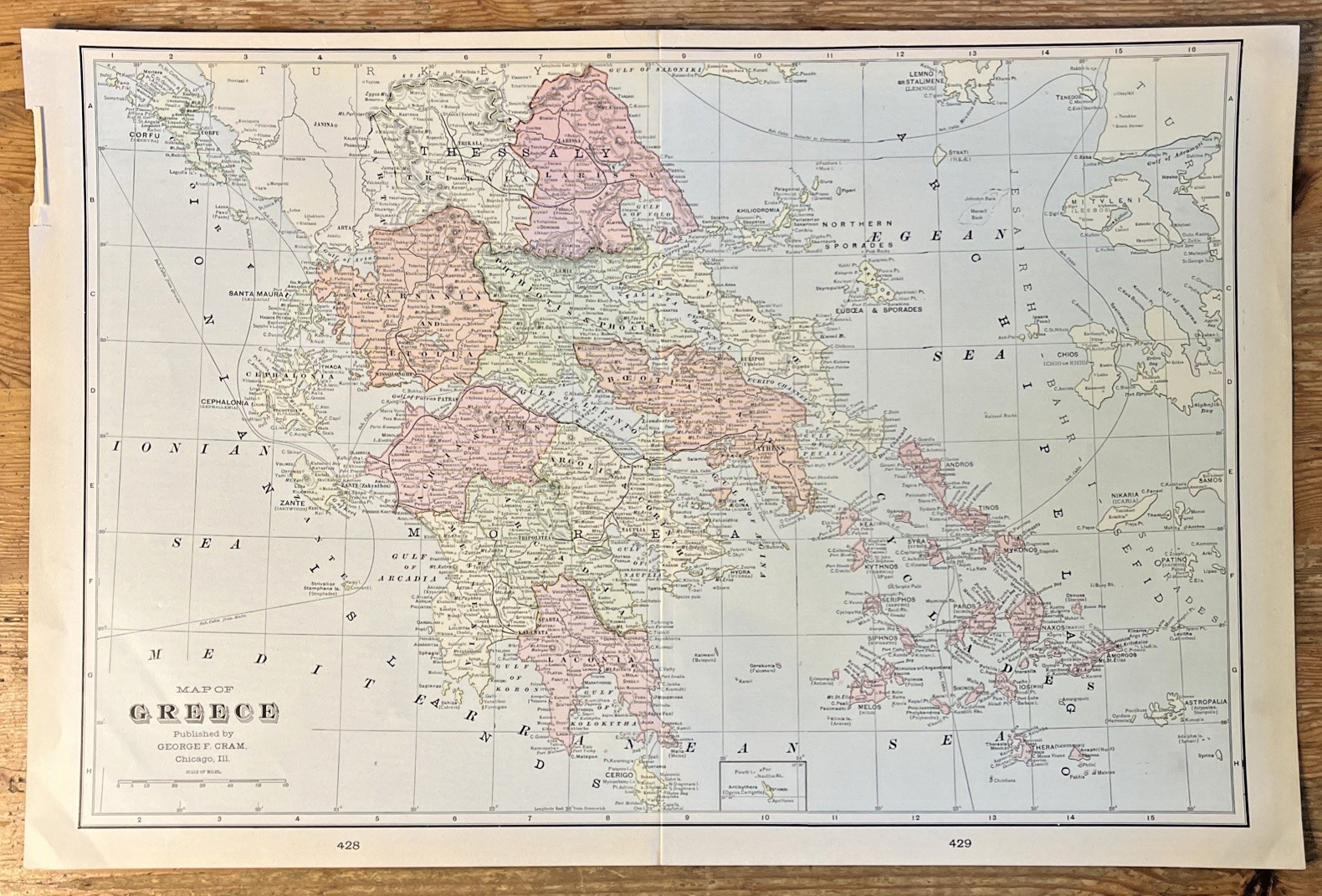 Antique Greece Map 14″ x 22″ George F Cram Vintage Europe European Greek