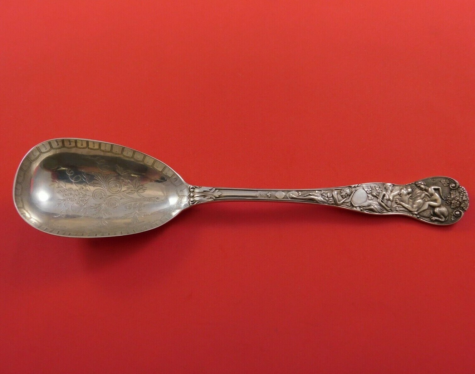 Bacchanalian English Sterling Silver Berry Spoon Ovoid w/ Fruit London 1872 9″