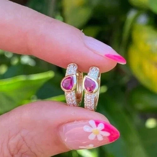 2Ct Pear Cut Lab Created Red Ruby Huggie Hoop Earrings 14K Yellow Gold Plated