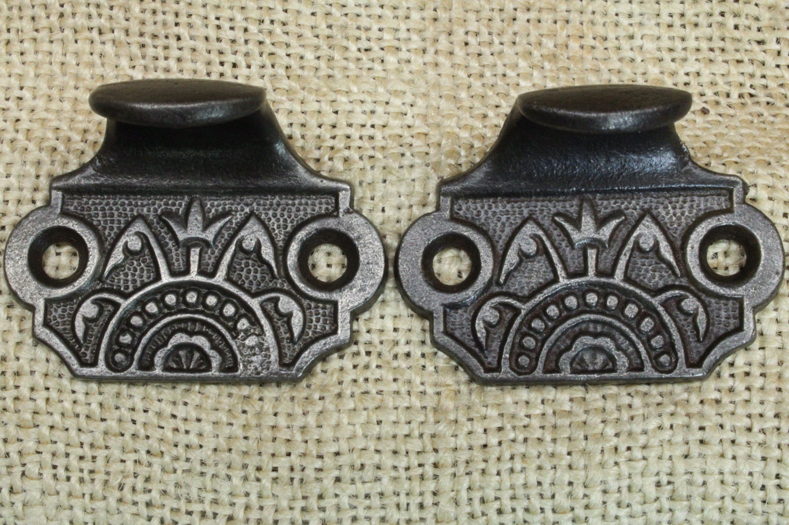 2 Old Window Sash Lifts Pulls Vintage Cast Iron Bent Leaf Eastlake Restored
