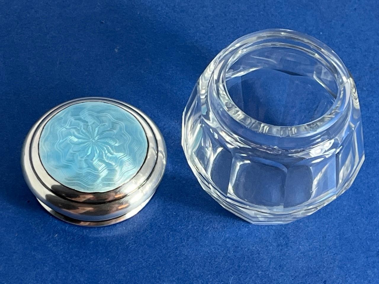 BEAUTIFUL ANTIQUE SOLID SILVER GUILLOCHE ENAMEL CUT GLASS VANITY JAR BIRM 1912