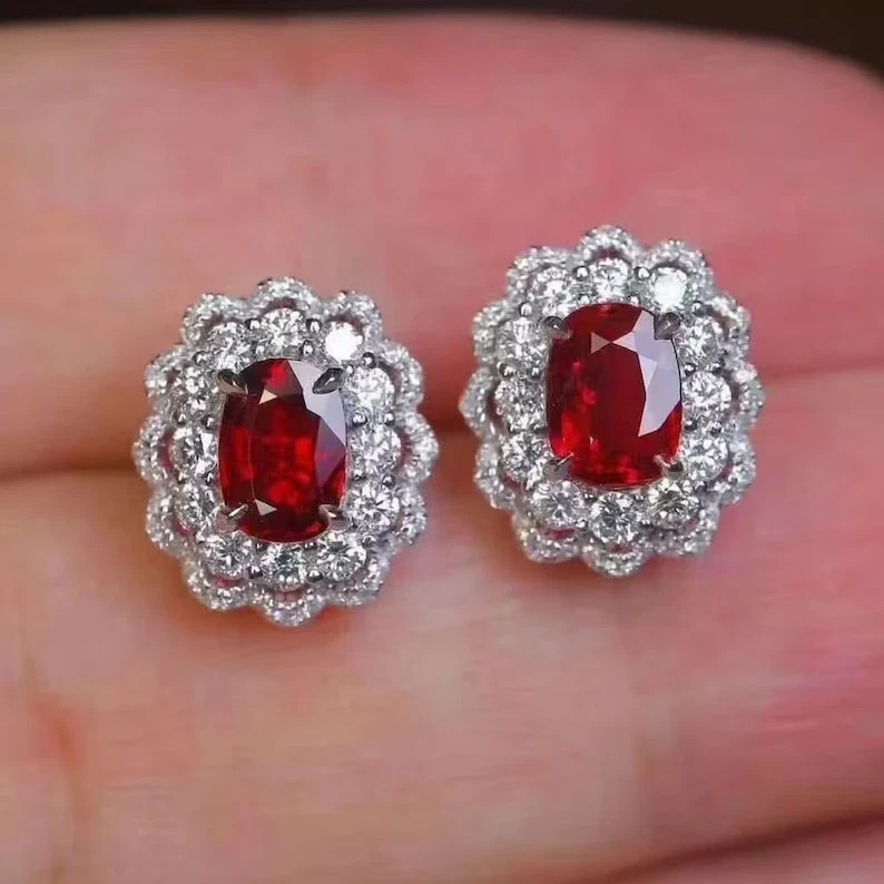 3CT Oval Cut Red Ruby Lab Created Stud Halo Women Earrings 14k White Gold Plated
