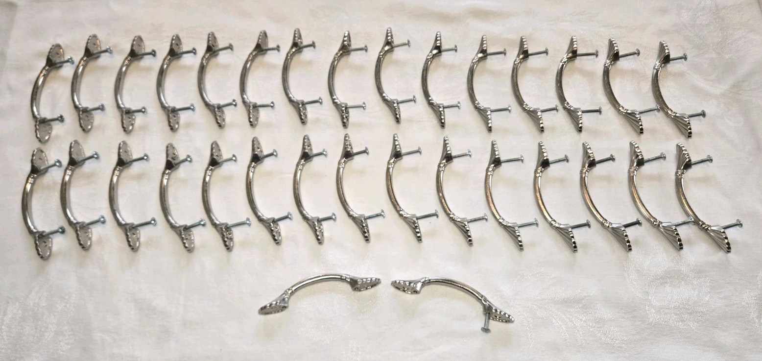 Set of 32 Vintage Chrome Drawer Pulls Handles Shell Design Pat No D355839 READ!