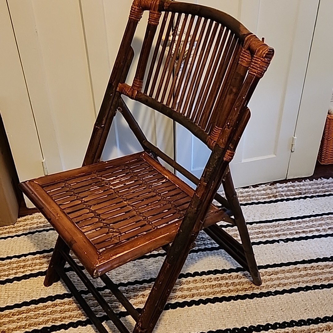 Vintage Tortoise Shell Bamboo Folding Chair Rattan Wood Burnt Finish Gorgeous!