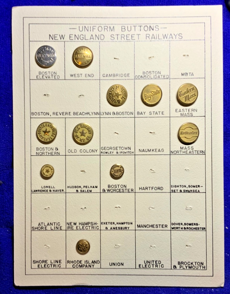11 NEW ENGLAND RAILWAY CONDUCTOR COAT/CUFF BUTTONS ON A BOARD w 29 RAILWAY LINES