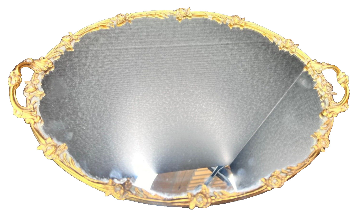 Vintage French Louis XV style Gold Gilded Mirrored Vanity Tray Roses Details